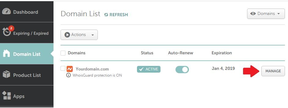 Namehcheap domain list page